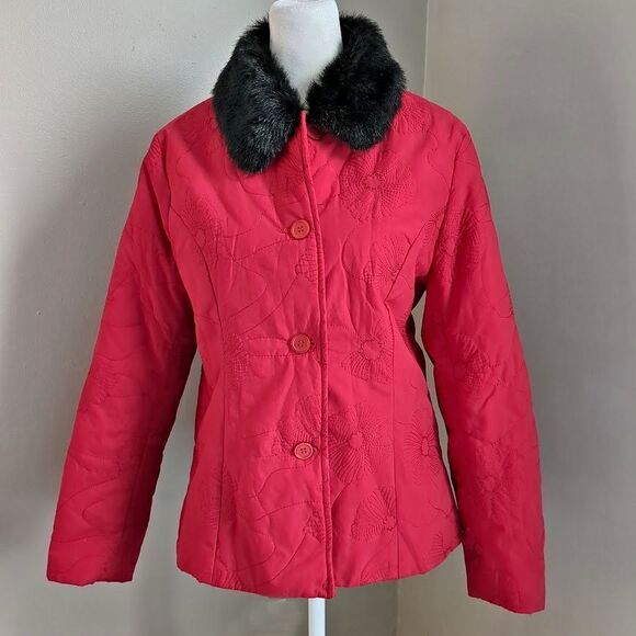 Vintage 90s Uniform John Paul Richard Silk Jacket Faux Fur Floral Petite Small - Picture 1 of 13